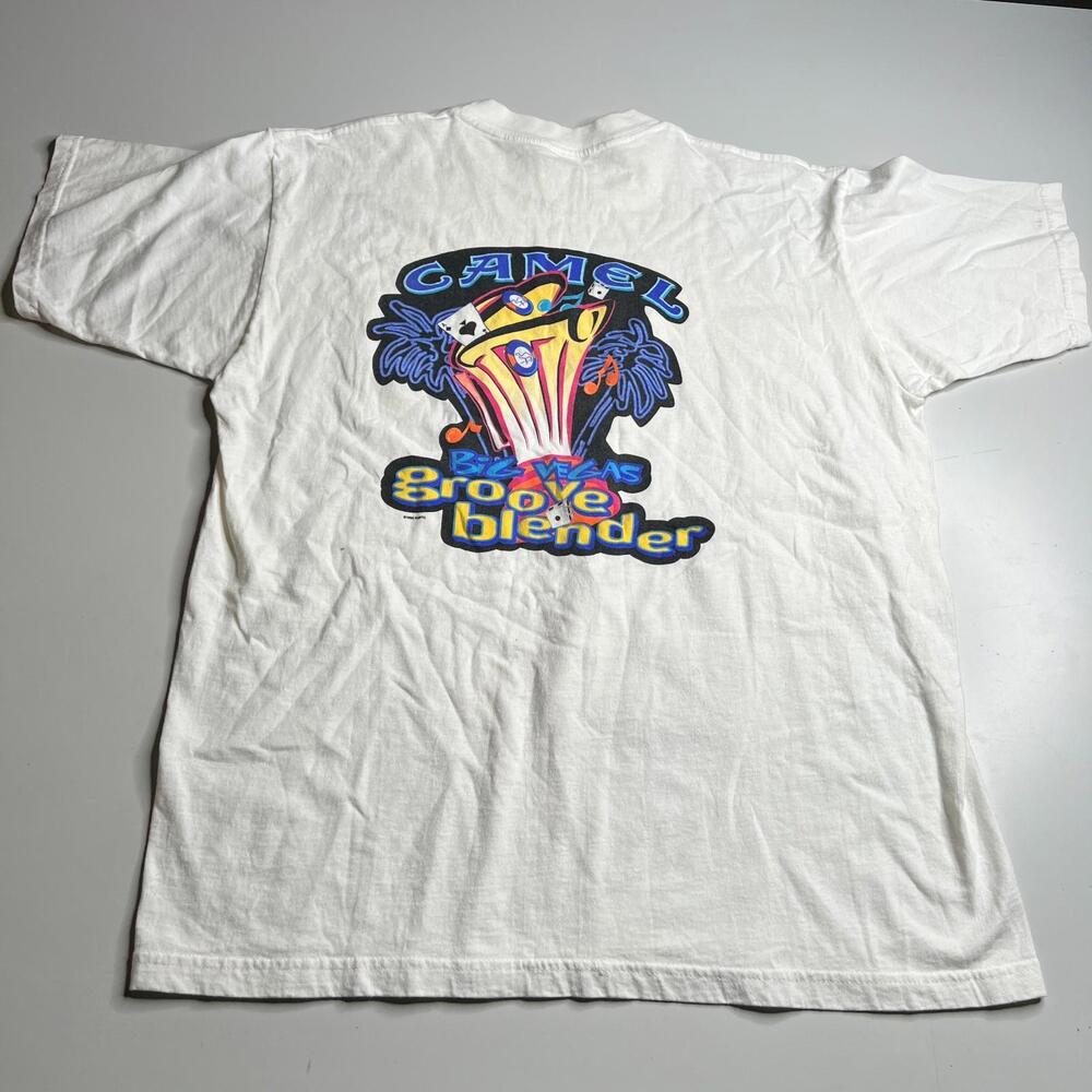 Vintage 1996 Camel Joe‎ Groove Blender T-Shirt XL White Pocket Tee 90s `Vegas